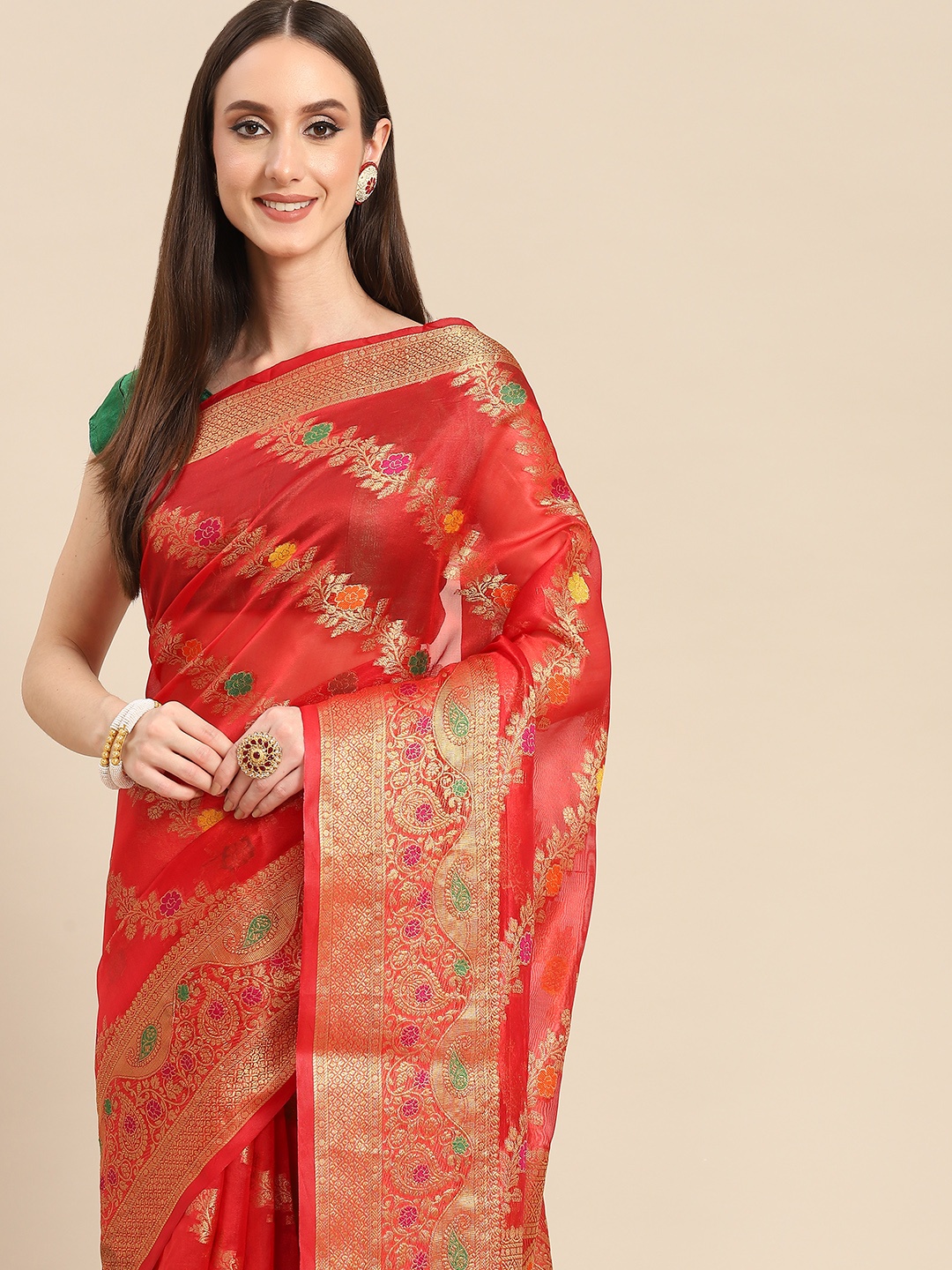 

all about you Red & Golden Woven Design Organza Saree