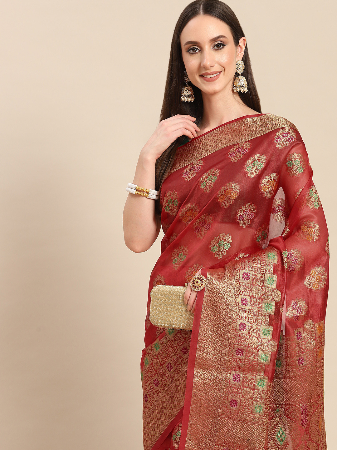 

all about you Maroon & Golden Woven Design Organza Saree