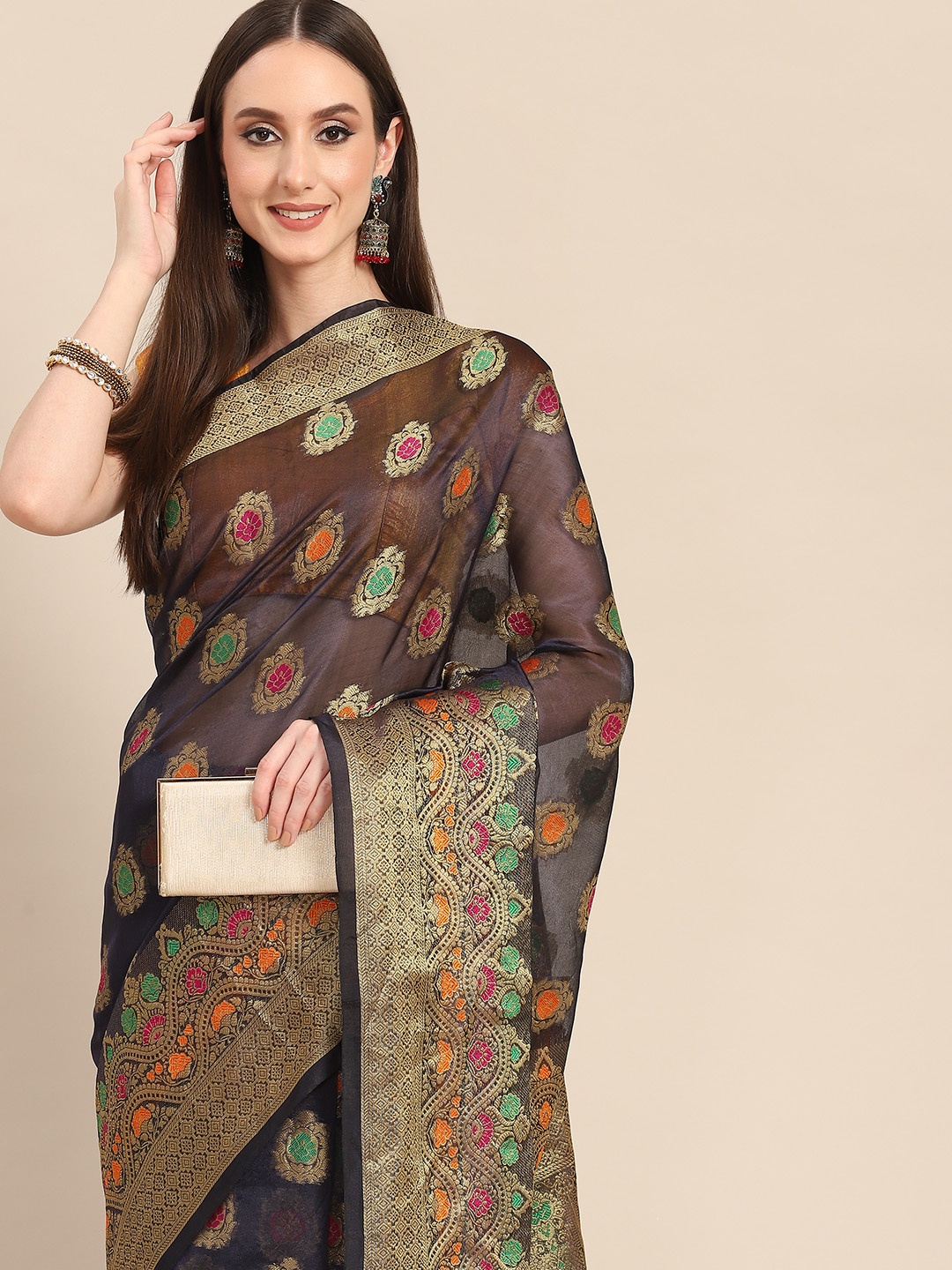 

all about you Navy Blue & Golden Woven Design Organza Saree