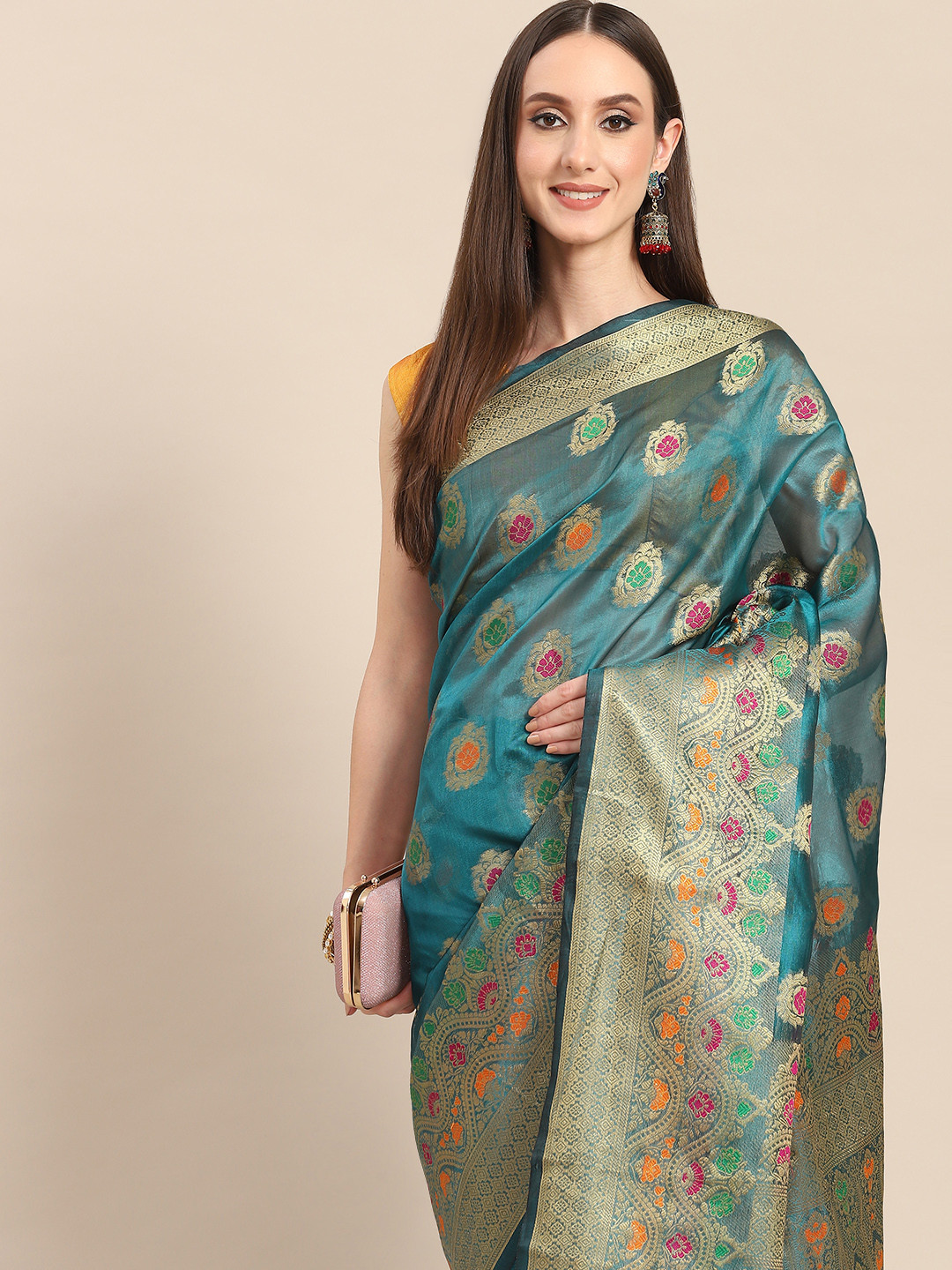 

all about you Teal Blue & Golden Woven Design Organza Saree