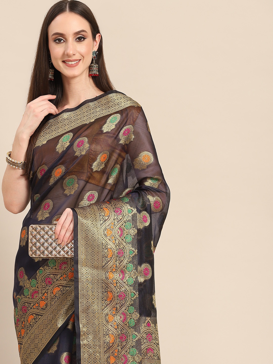 all about you Navy Blue & Golden Woven Design Organza Saree
