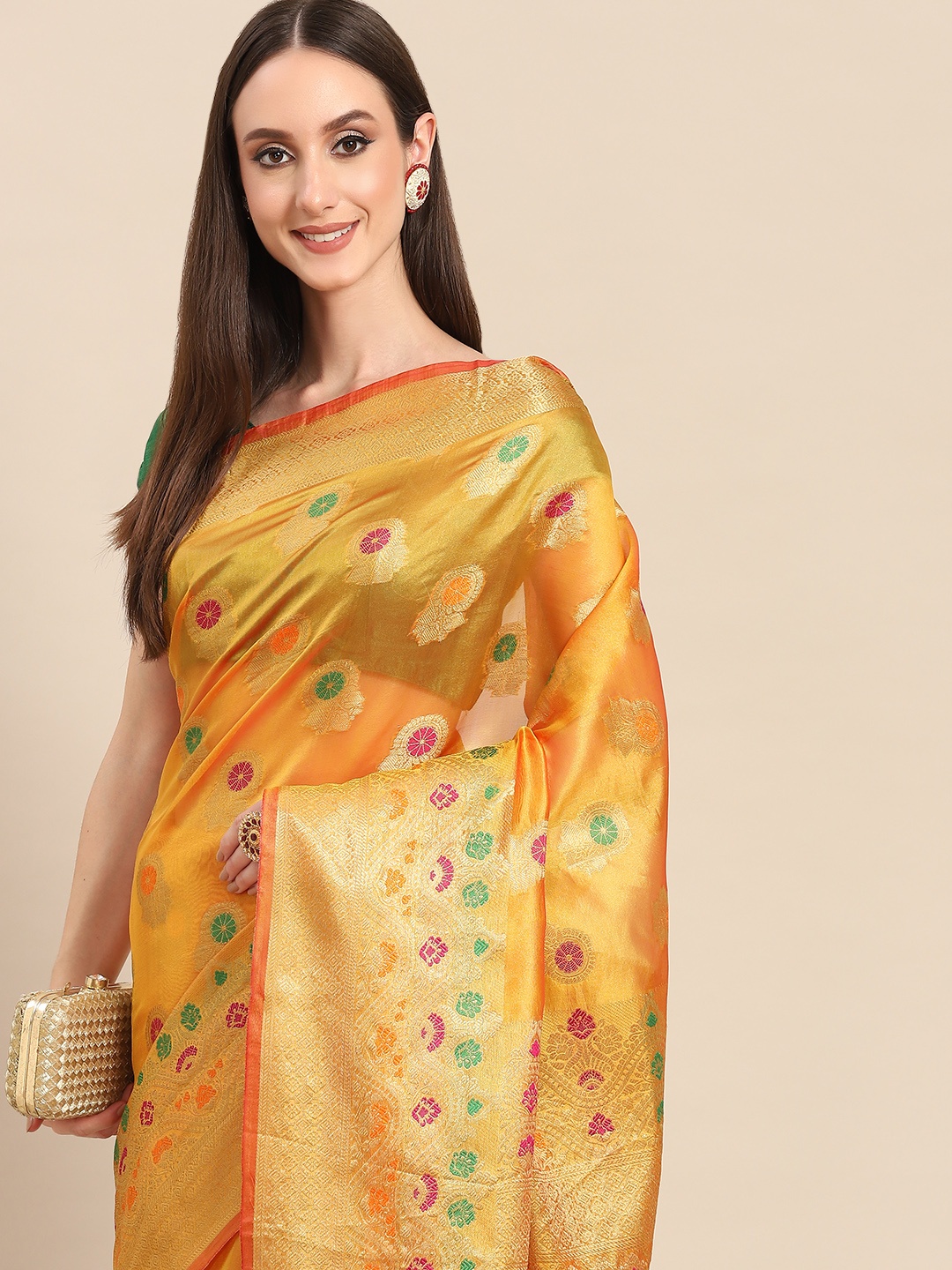 

all about you Mustard Yellow & Golden Woven Design Organza Saree