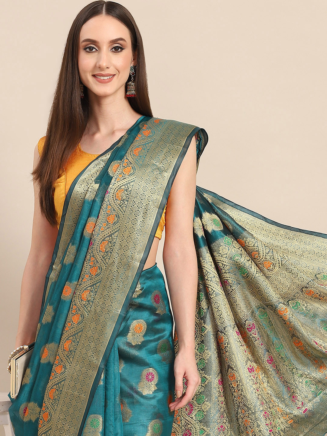 

all about you Teal Blue & Golden Woven Design Organza Saree