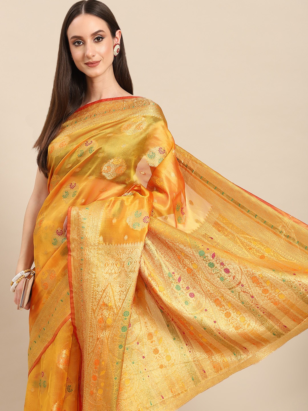 

all about you Mustard Yellow & Golden Woven Design Organza Saree