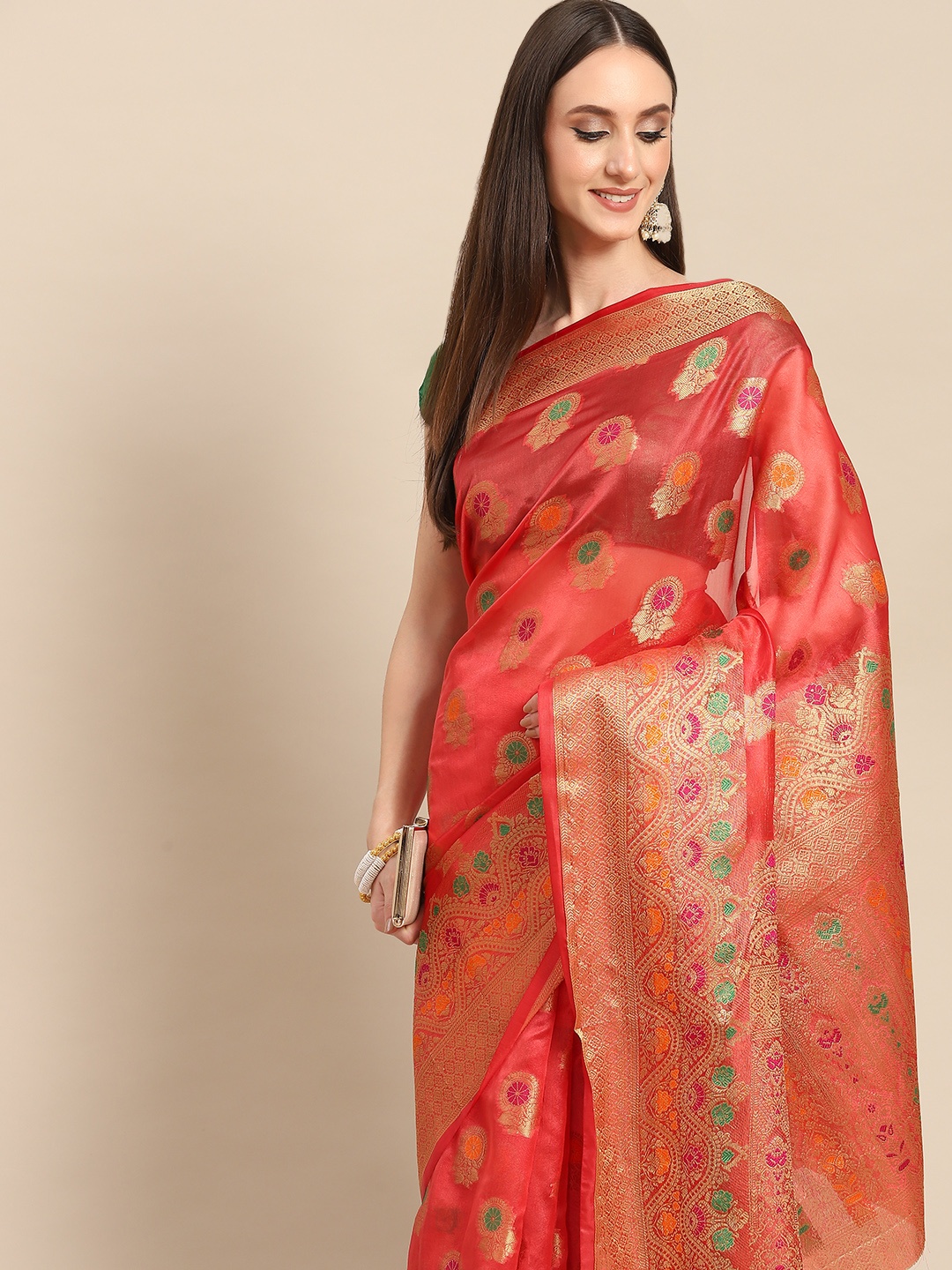 

all about you Pink & Golden Woven Design Organza Saree