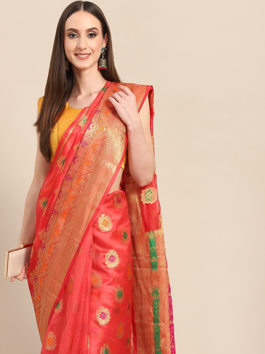 

all about you Pink & Golden Woven Design Organza Saree