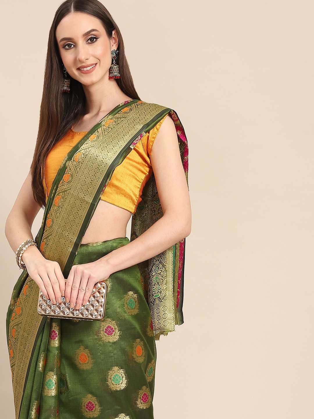 

all about you Green & Golden Woven Design Organza Saree