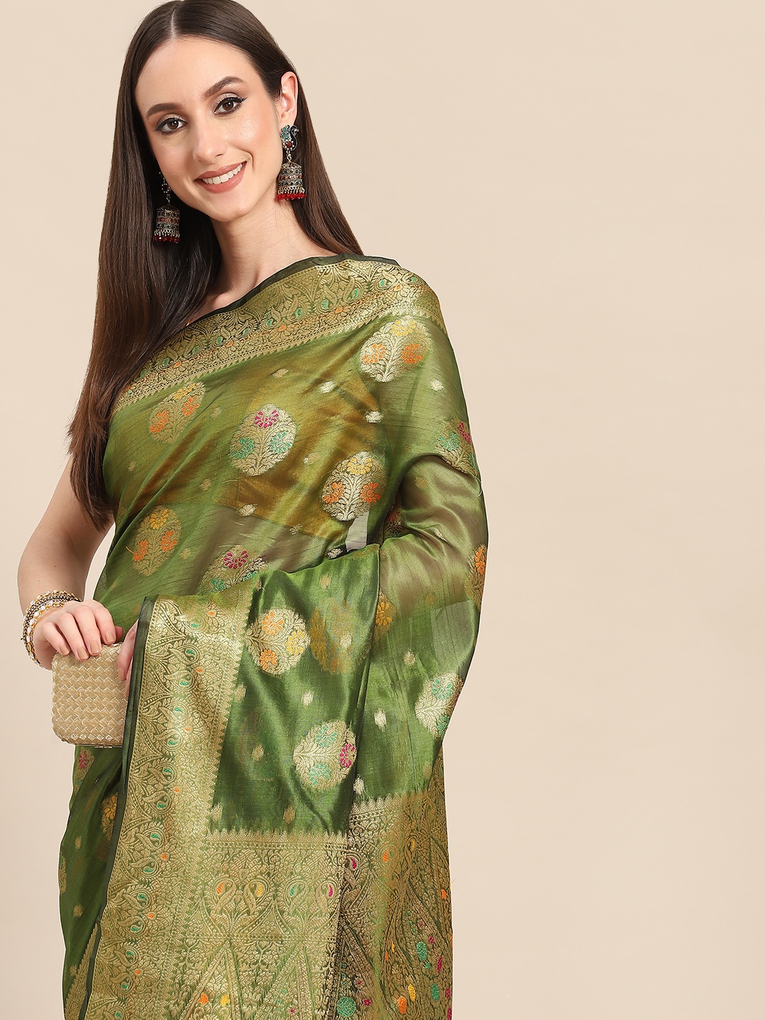 

all about you Green & Golden Woven Design Organza Saree