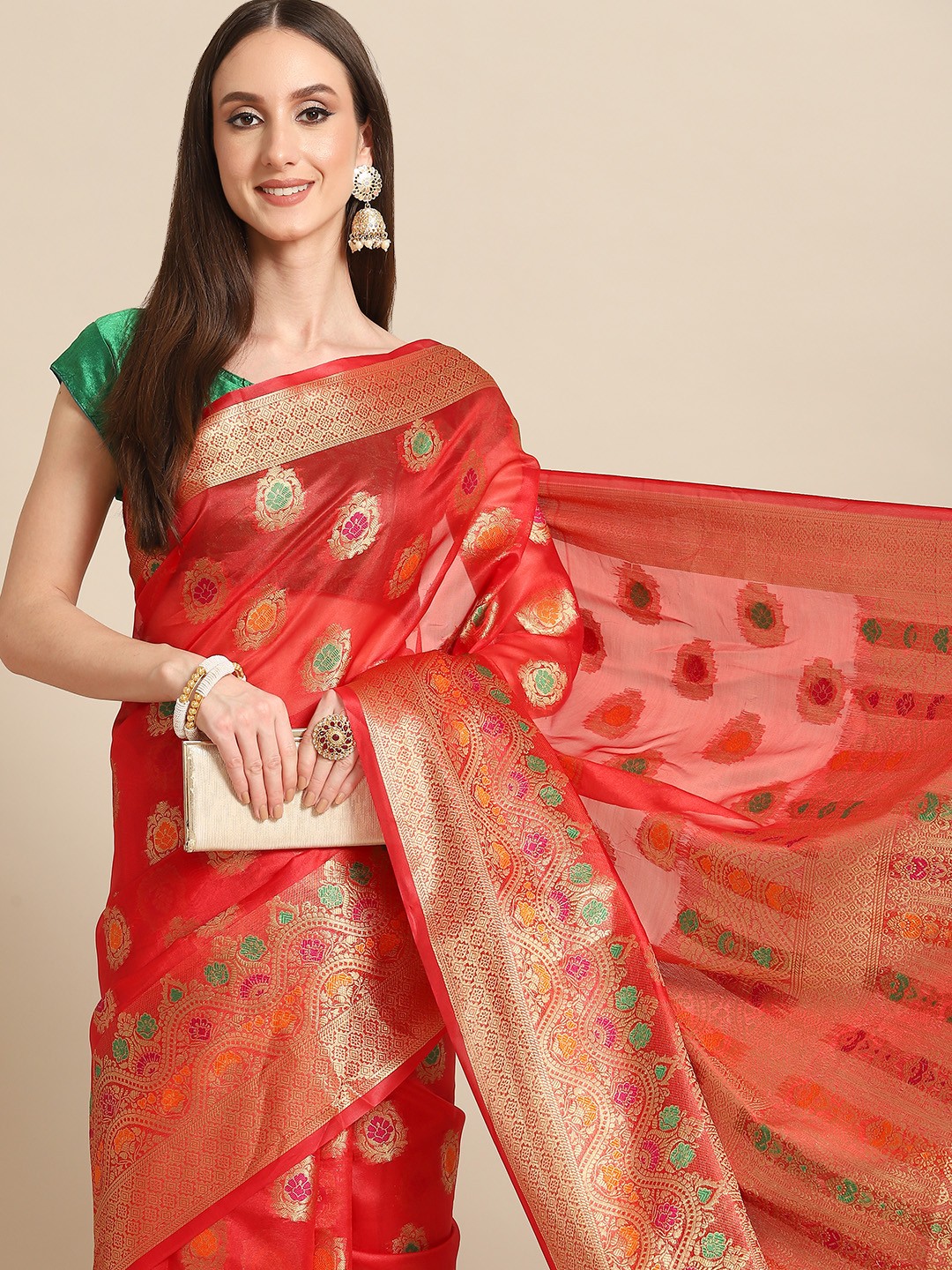 

all about you Red & Golden Woven Design Organza Saree