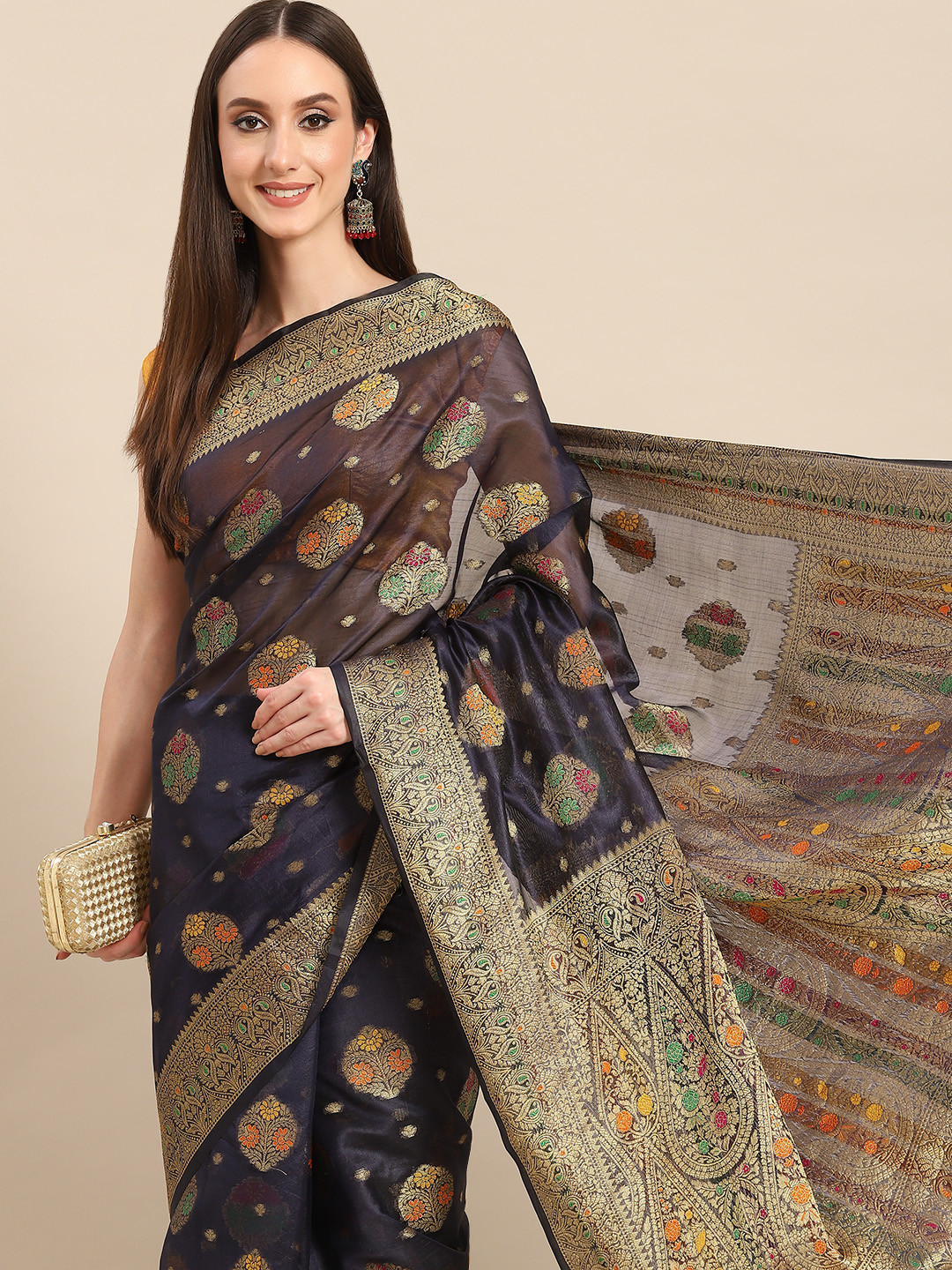 

all about you Navy Blue & Golden Woven Design Organza Saree