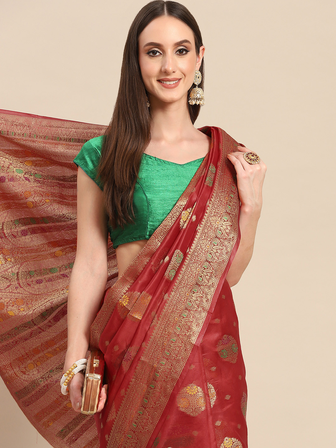 

all about you Red & Golden Woven Design Organza Saree