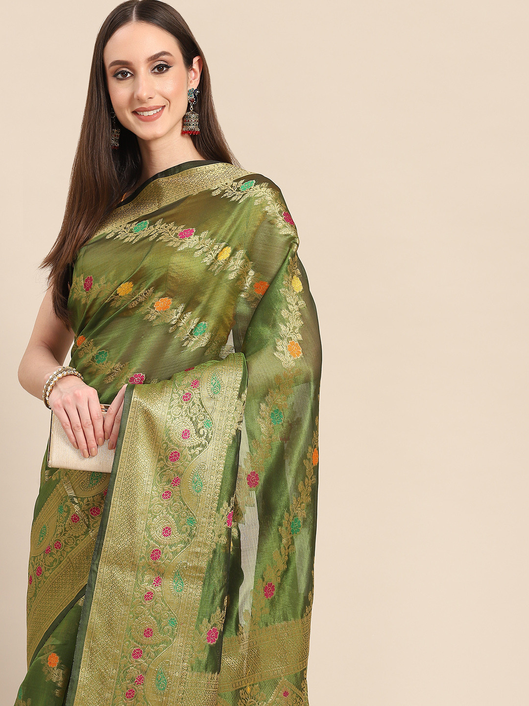 

all about you Green & Golden Woven Design Organza Saree