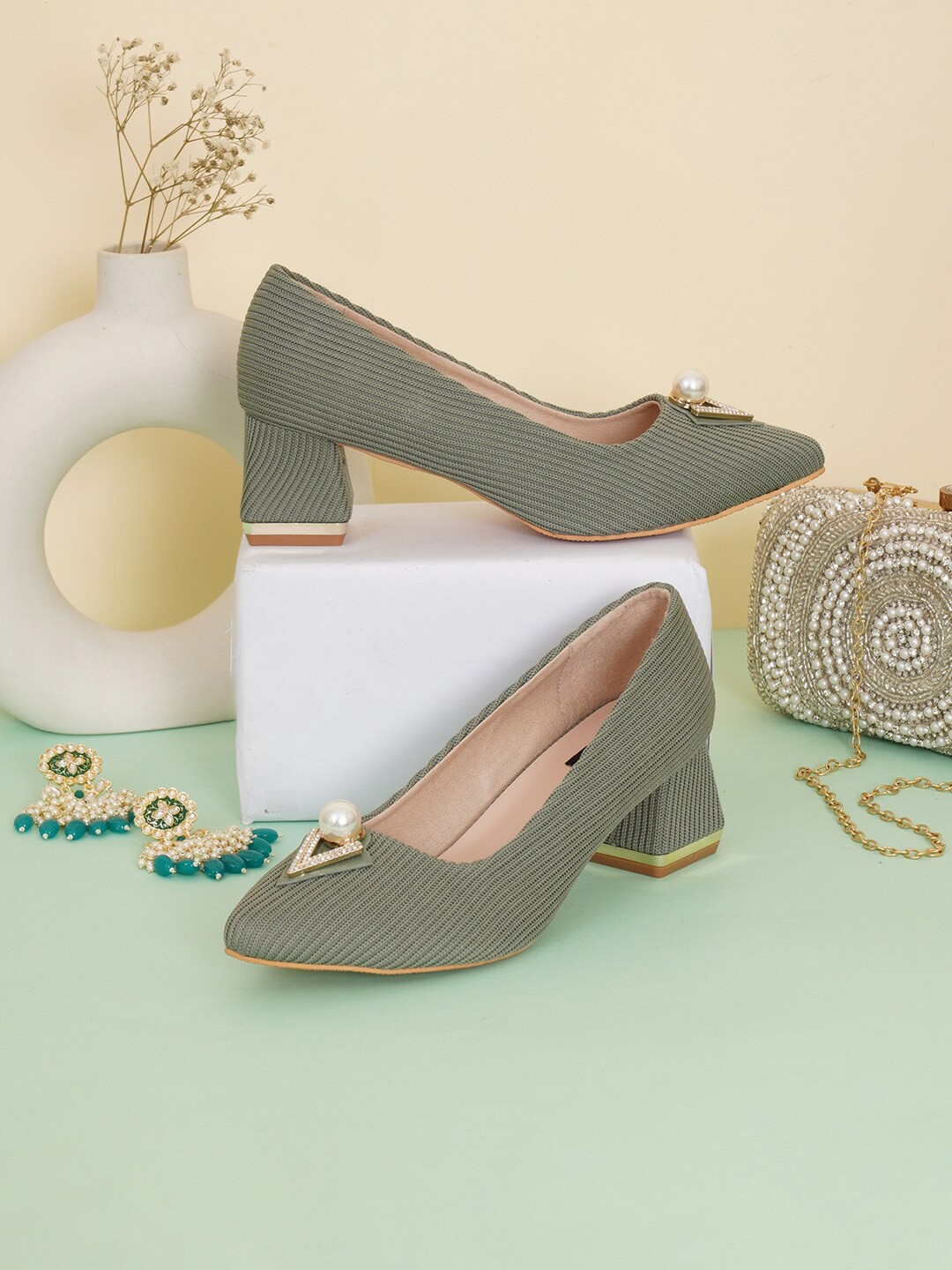 

Sherrif Shoes Women Green Block Pumps