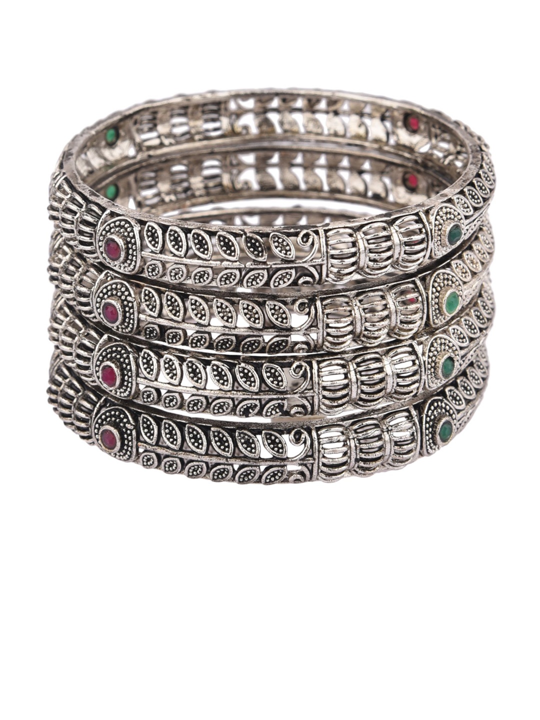 

Efulgenz Set Of 4 Oxidised Rhodium-Plated Pink Crystal-Studded Bangles