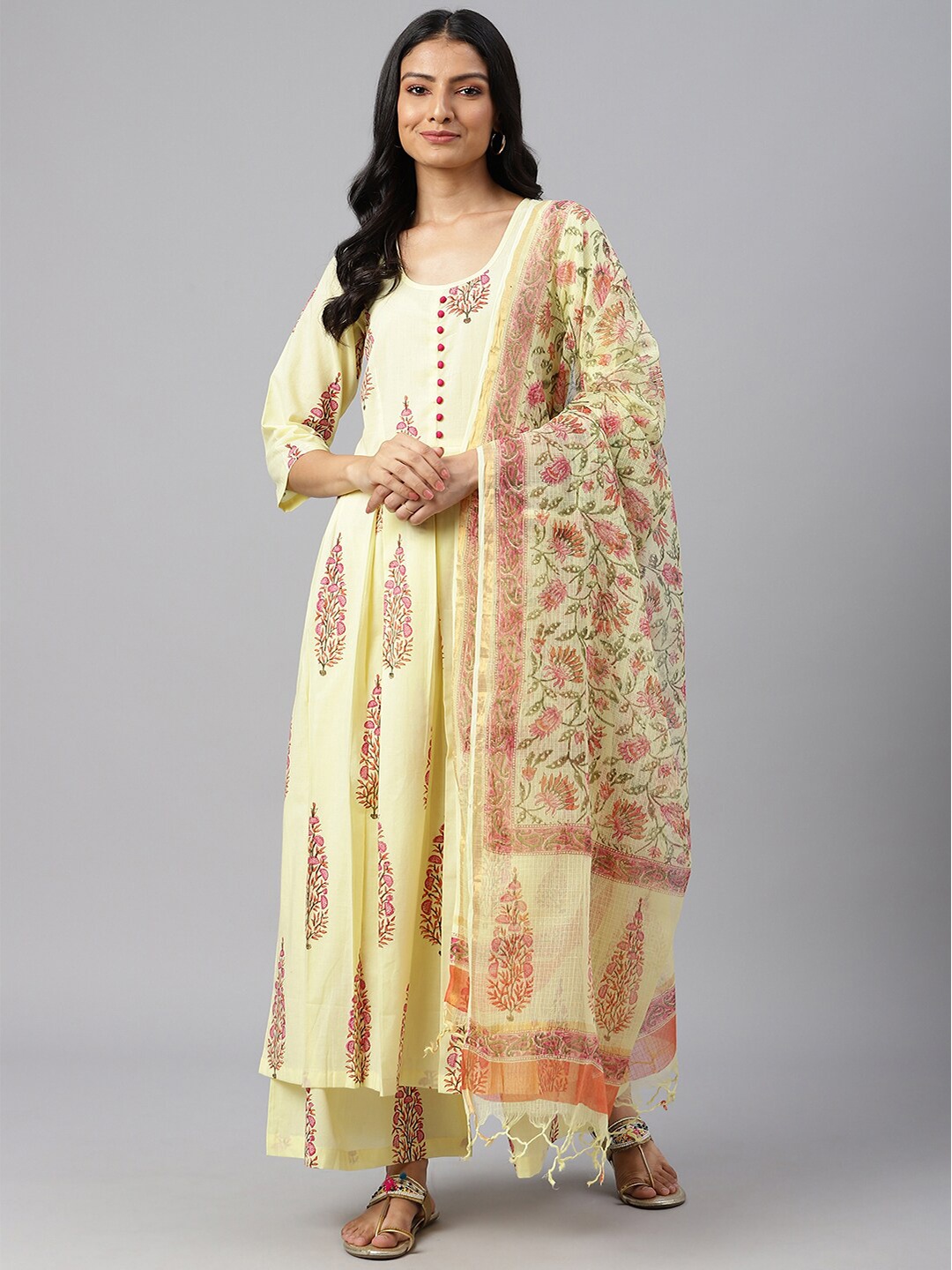 

SHRINKHLA Yellow & Red Printed Pure Cotton Block Print Dupatta