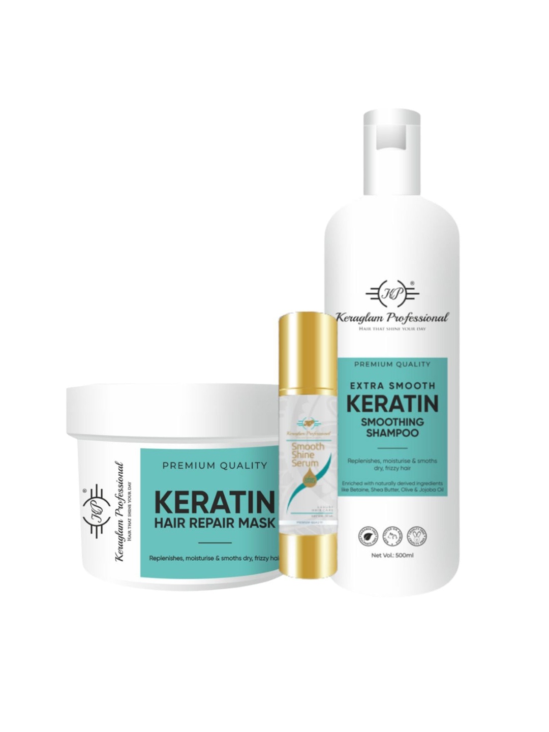 

Keraglam Professional Combo Of Keratin Smoothing Shampoo, Hair Mask and Hair Serum, Off white