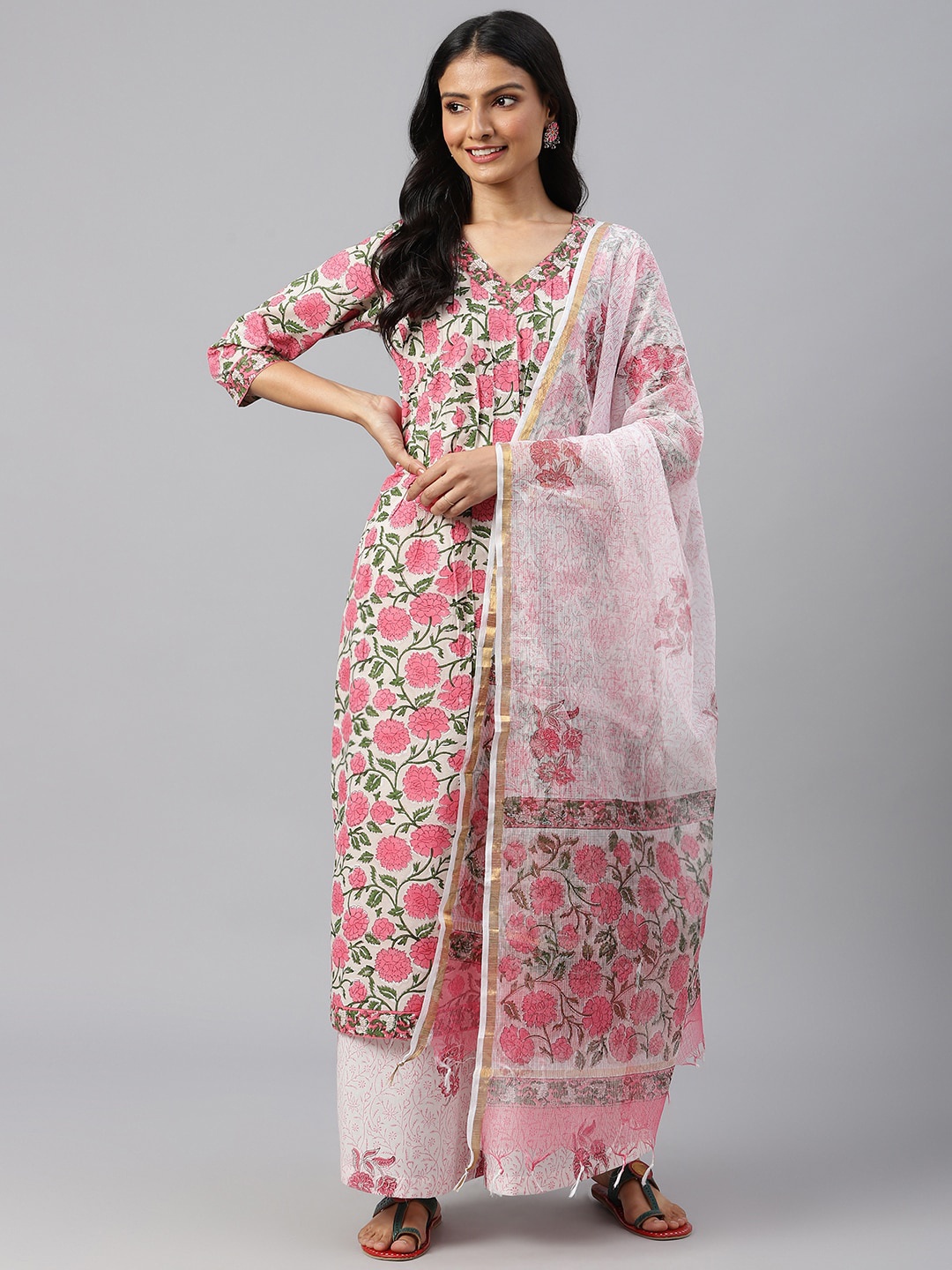 

SHRINKHLA Women Pink Floral Printed Pure Cotton Kurta with Palazzos & With Dupatta