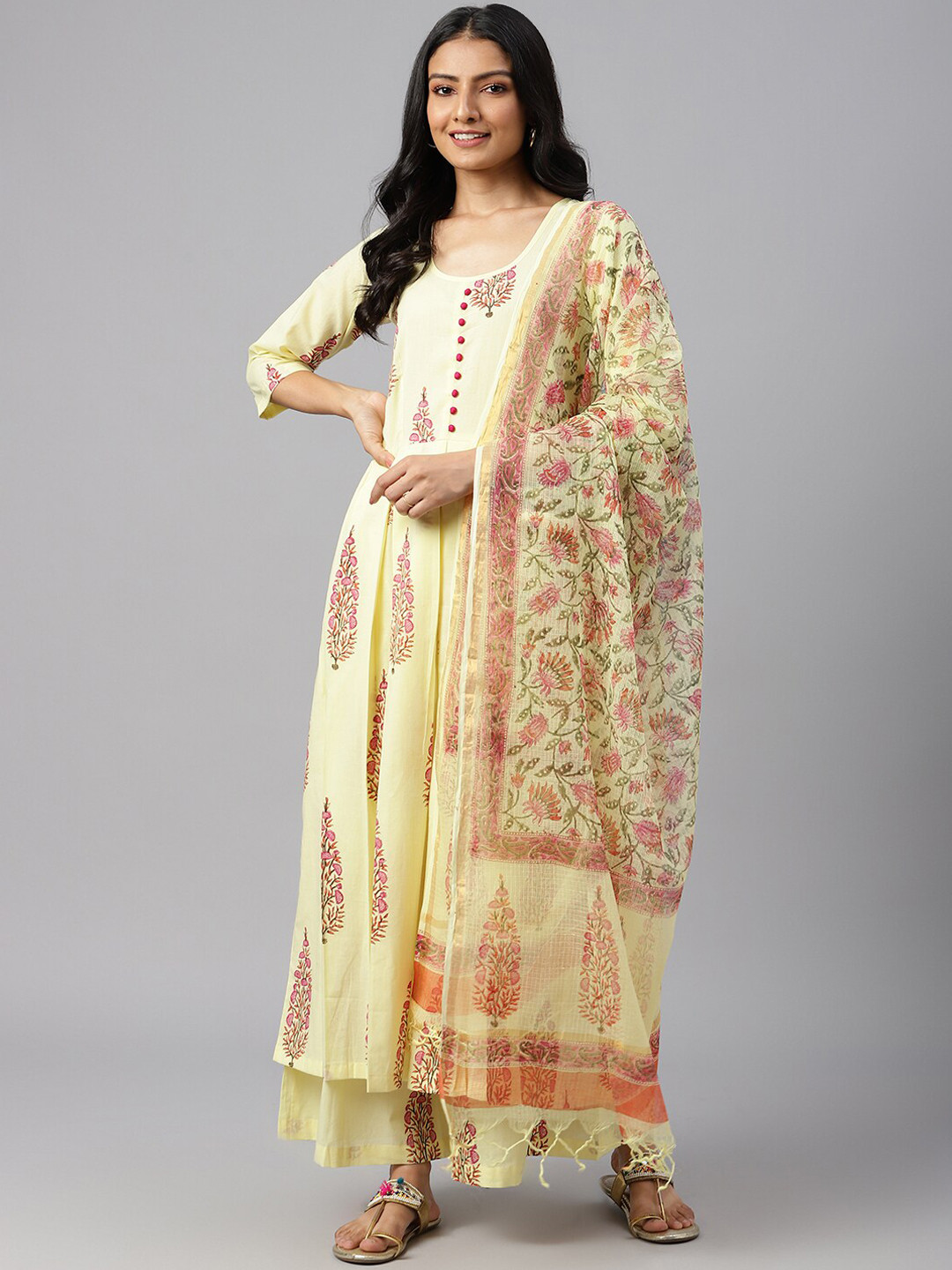 

SHRINKHLA Women Yellow Floral Printed Empire Pure Cotton Kurta with Palazzos & With Dupatta