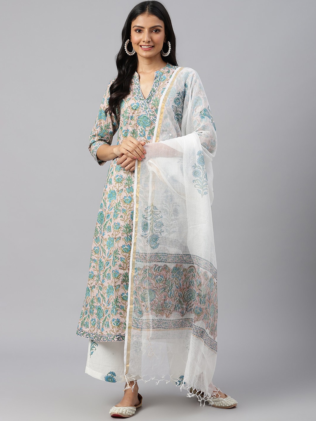 

SHRINKHLA Women White Floral Printed Angrakha Pure Cotton Kurta with Palazzos & With Dupatta