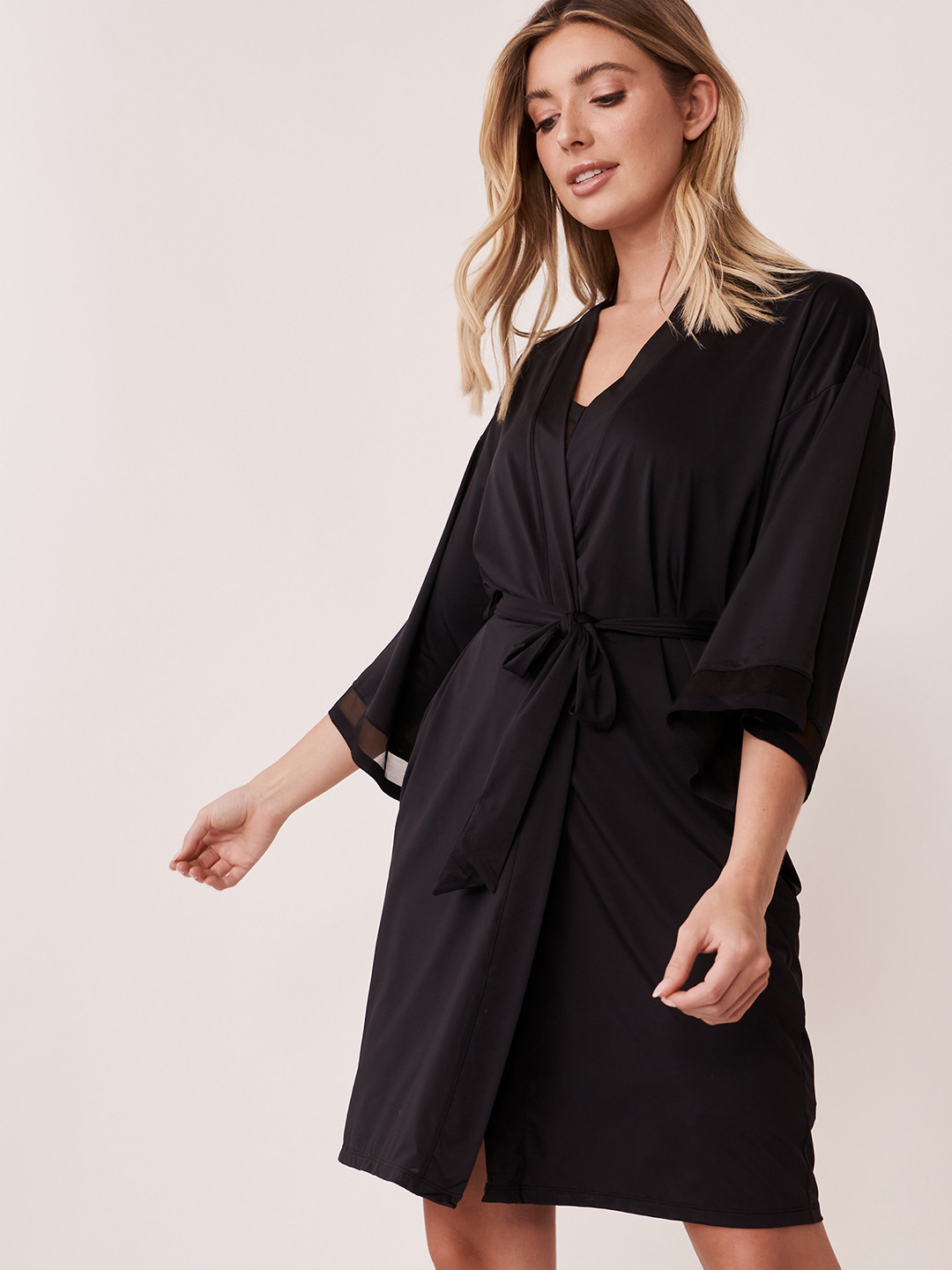 

La Vie en Rose Women Black Solid Mesh Detail Kimono Robe