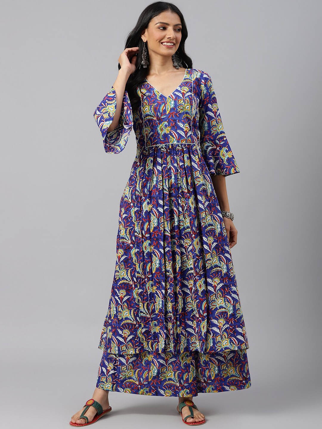 

SHRINKHLA Women Blue & Yellow Printed V-Neck Cotton A-Line Kurta