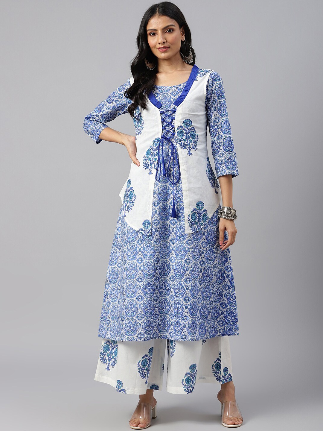 

SHRINKHLA Women White & Blue Ethnic Motifs Printed Cotton Anarkali Kurta