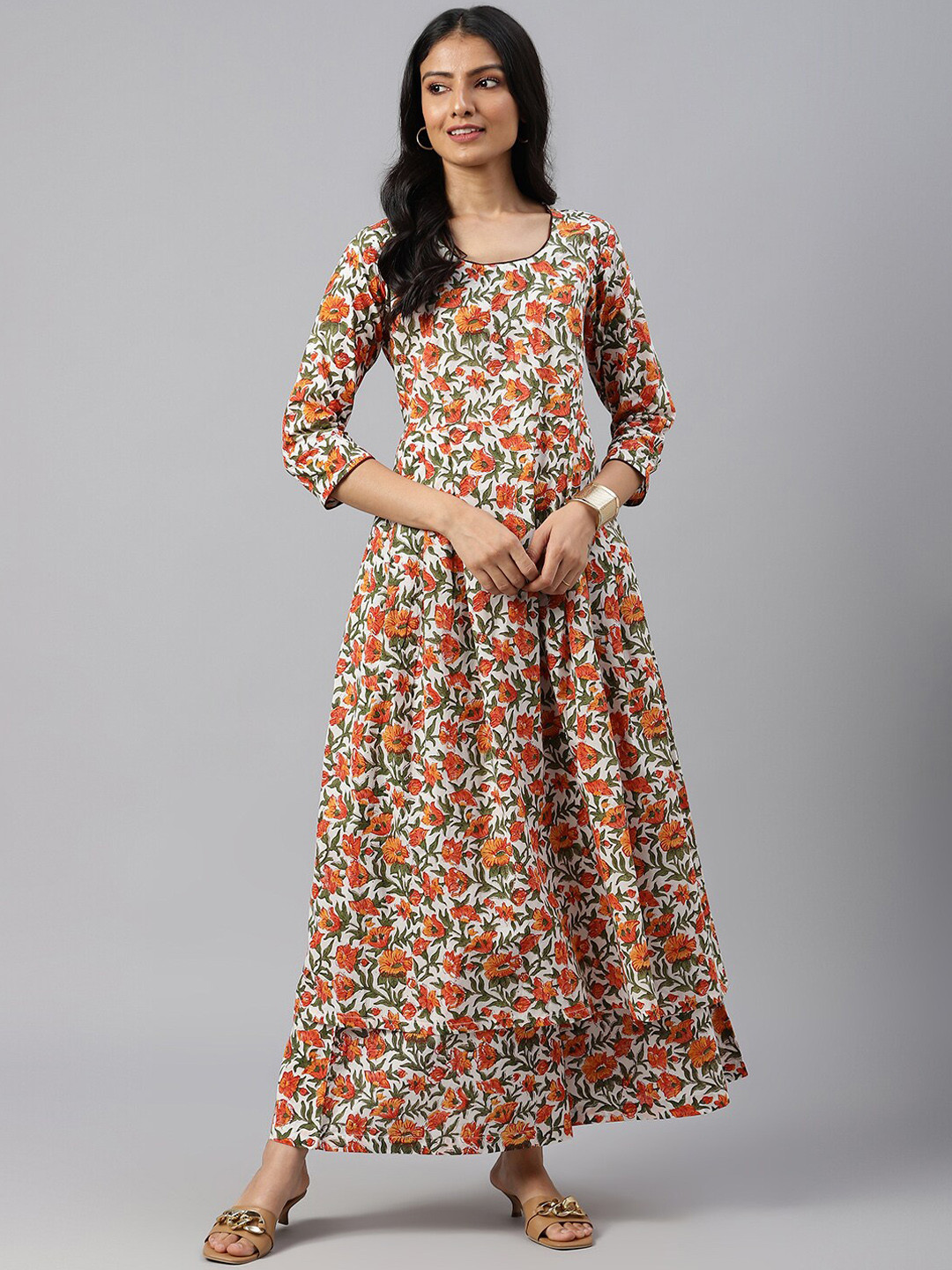 

SHRINKHLA Women White & Orange Floral Printed Cotton A-Line Kurta