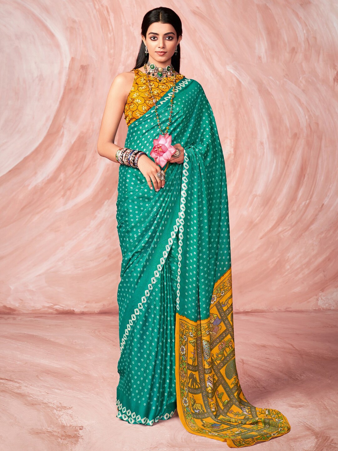 

Satrani Green & Mustard Saree