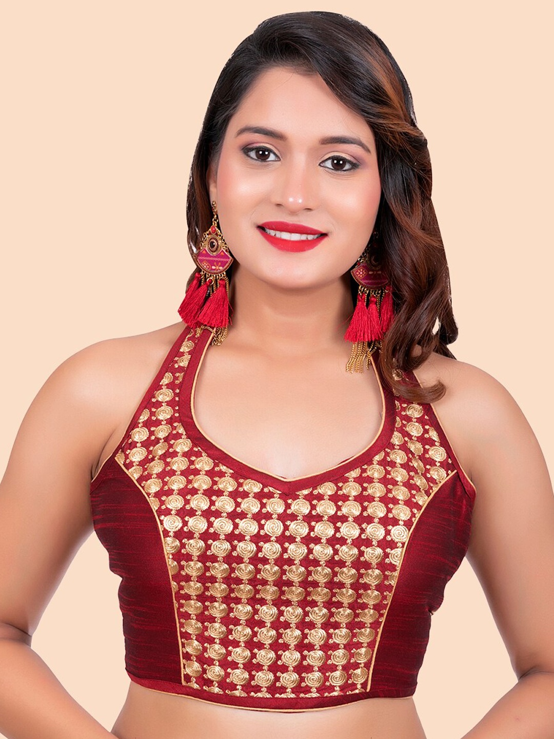 

FEMMIBELLA Women Maroon Brocade Design Halter Saree Blouse