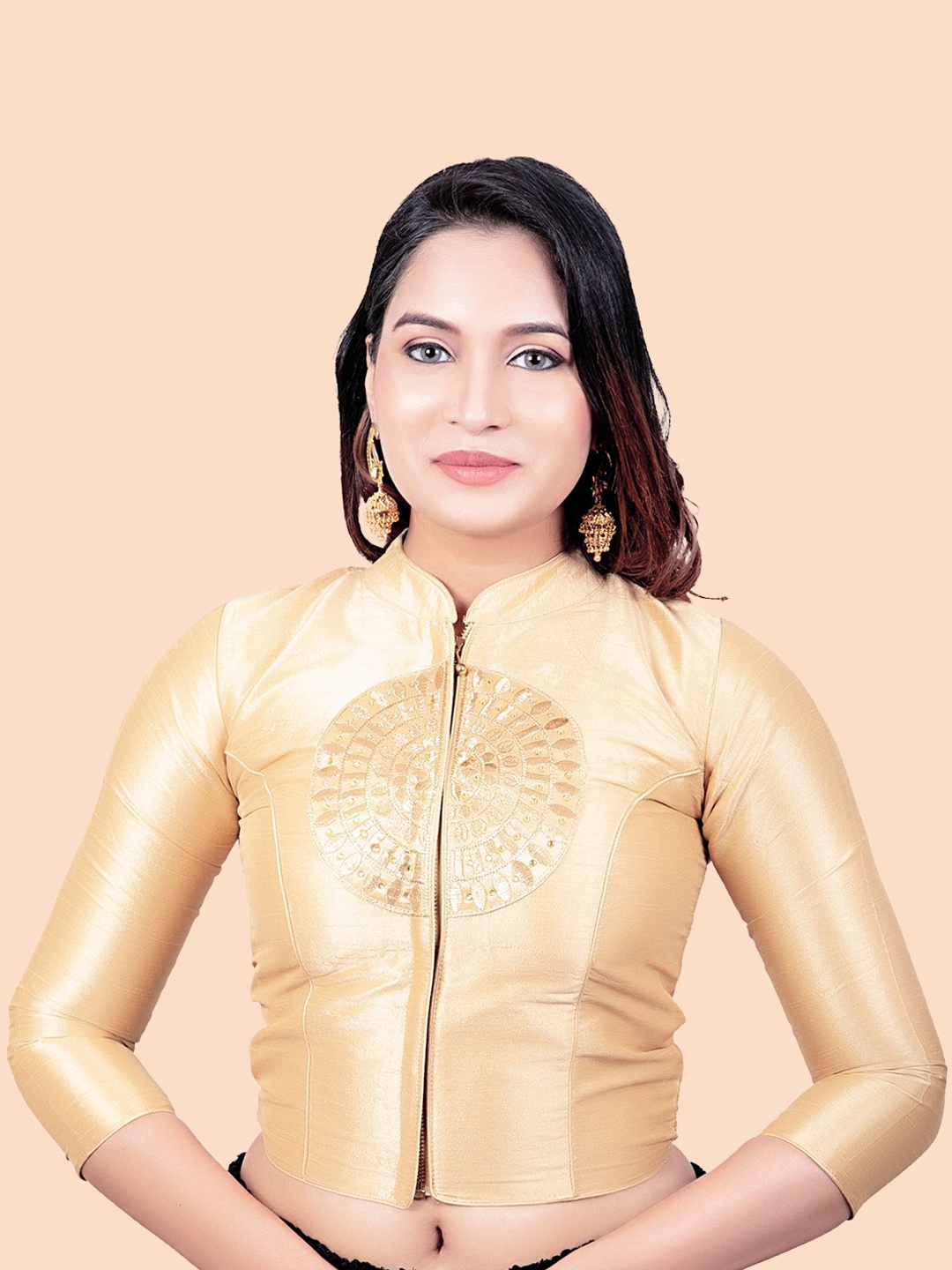 

FEMMIBELLA Gold-Toned Embroidered Raw Silk Padded Saree Blouse