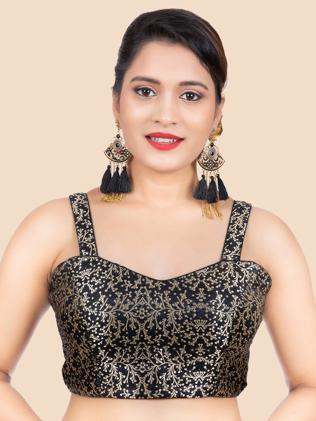 

FEMMIBELLA Black Woven Design Princess Cut Padded Saree Blouse