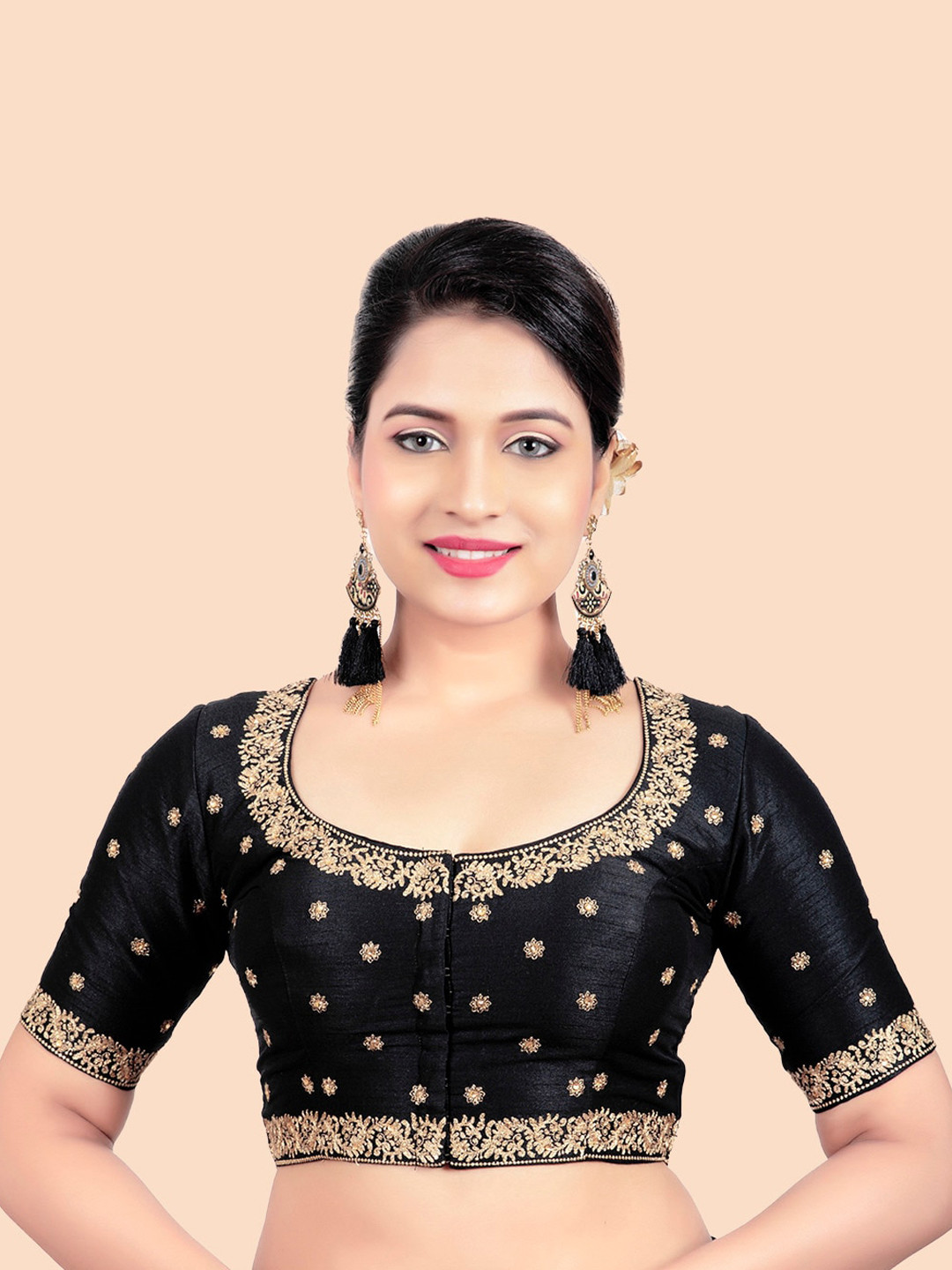 

FEMMIBELLA Black Embroidered Silk Padded Saree Blouse