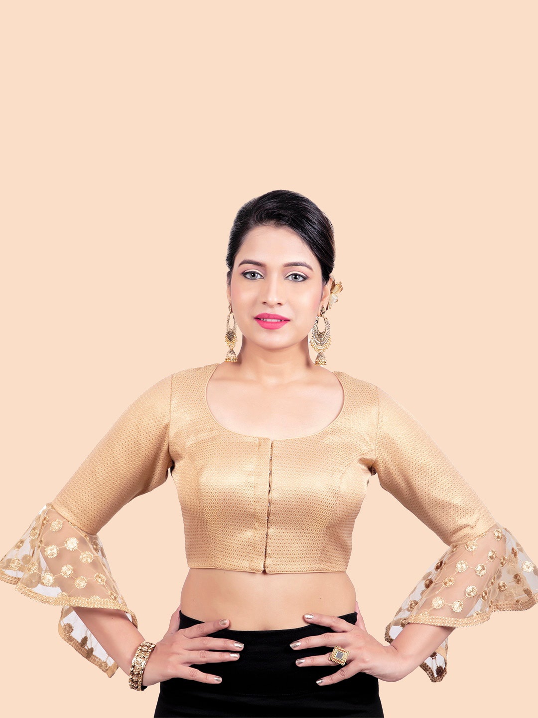 

FEMMIBELLA Gold-Toned Embroidered Bell Sleeves Readymade Saree Blouse