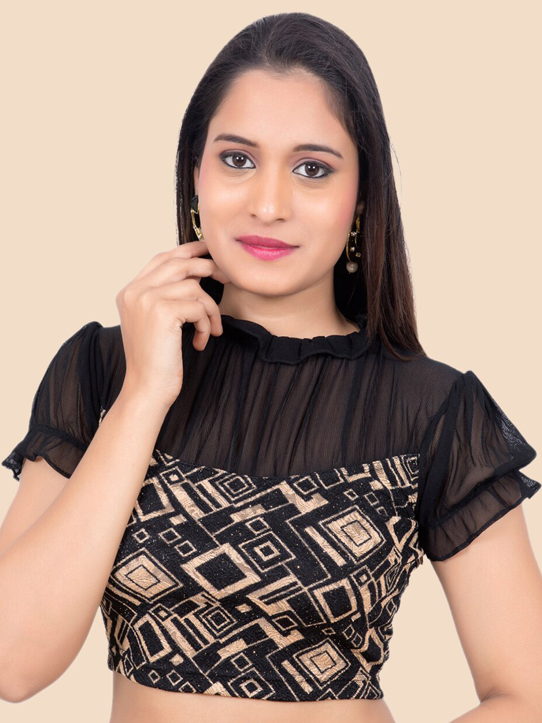 

FEMMIBELLA Black Printed Stretchable Readymade Saree Blouse