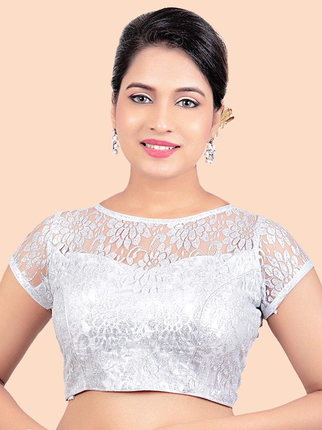 

FEMMIBELLA Silver-Colored Solid Net Readymade Saree Blouse