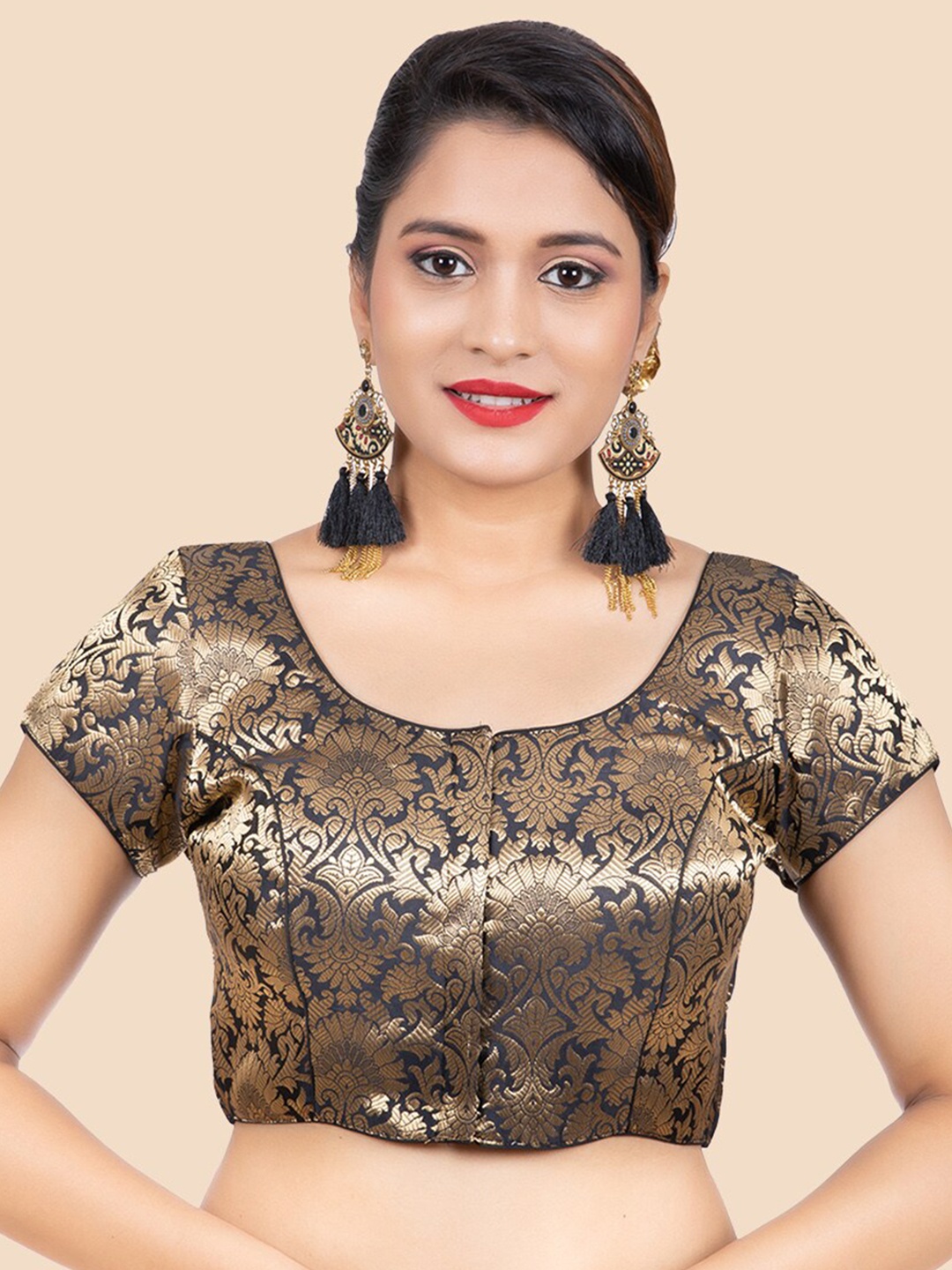 

FEMMIBELLA Women Black Brocade Princess Cut Saree Blouse