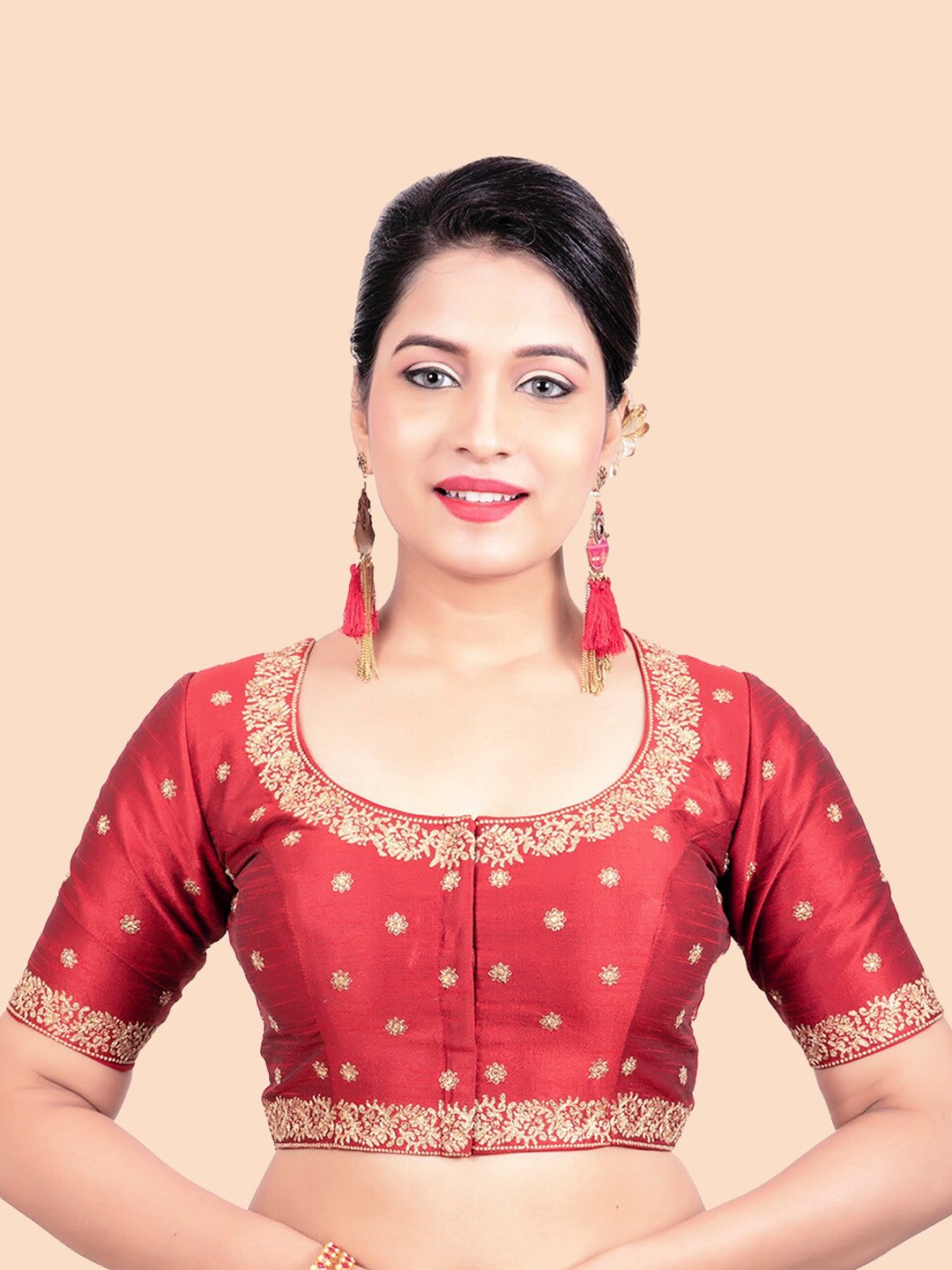

FEMMIBELLA Women Maroon Embroidered Silk Saree Blouse