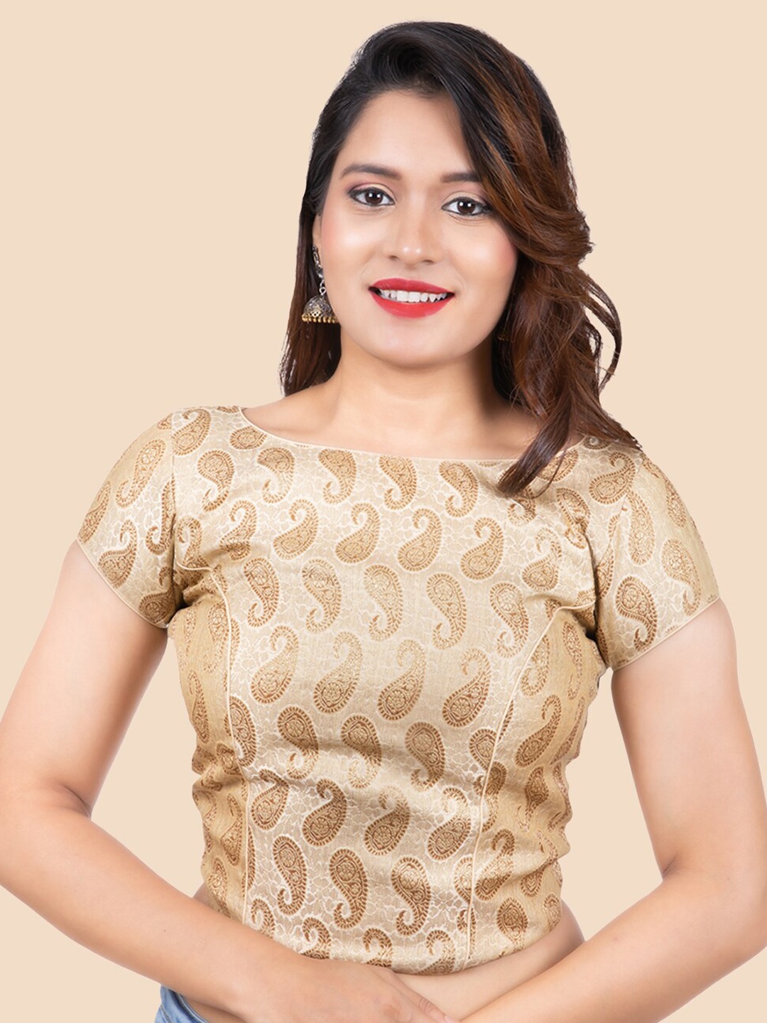 

FEMMIBELLA Cream-Colored Woven-Design Brocade Readymade Saree Blouse