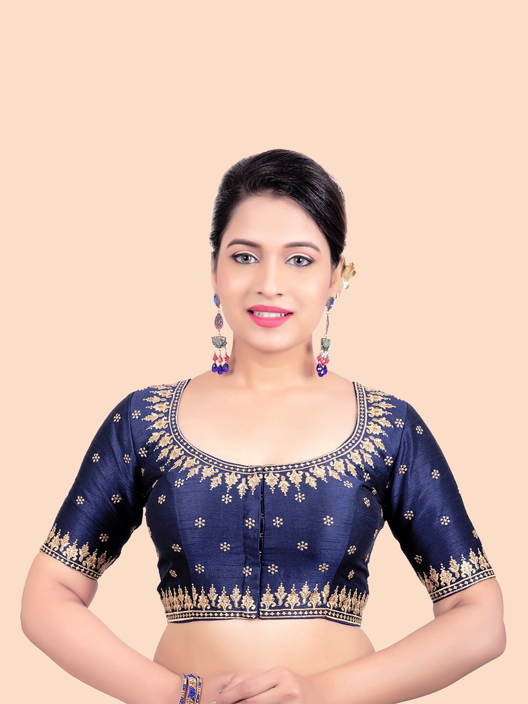 

FEMMIBELLA Women Navy Blue Embroidered Silk Saree Blouse