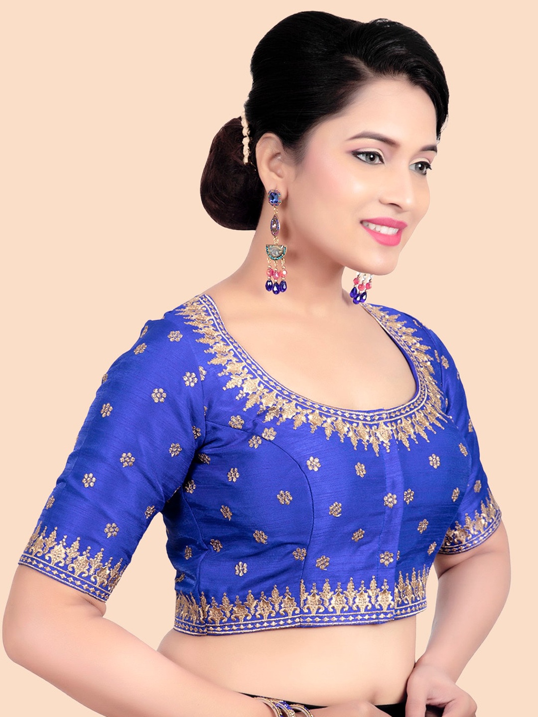 

FEMMIBELLA Blue Embroidered Raw Silk Padded Saree Blouse