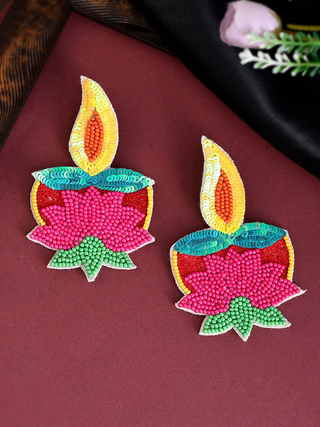 

Shoshaa Pink & Green Beads Fabric Drop Earrings