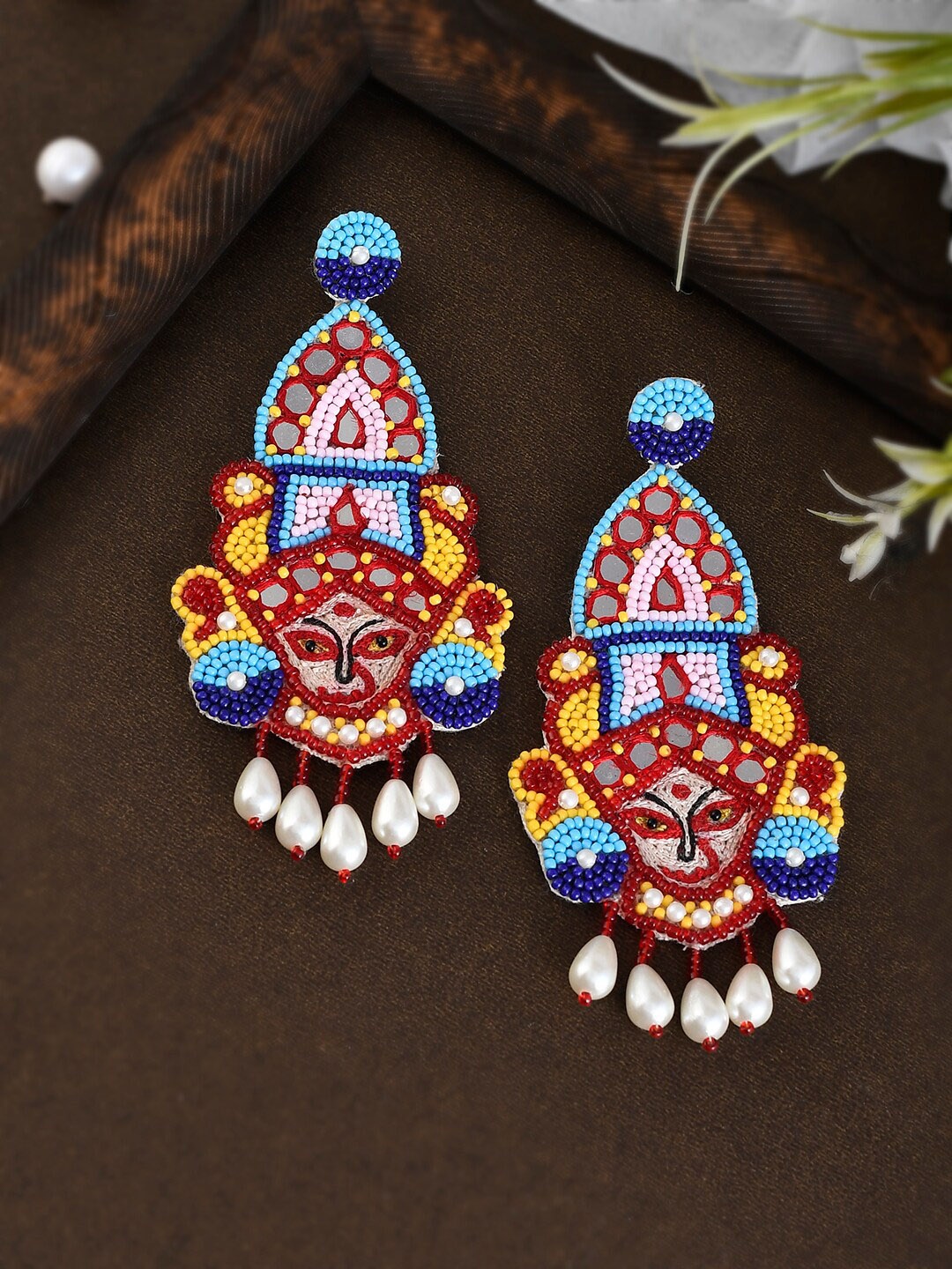 

Shoshaa Women Blue and Red Contemporary Beaded Drop Earrings