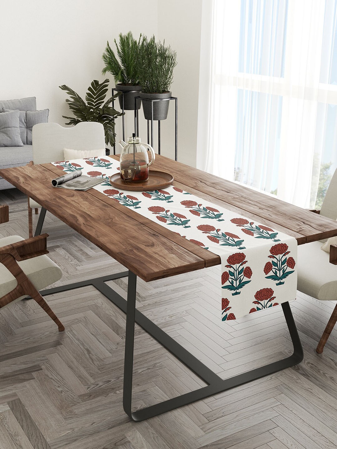 

STITCHNEST White & Maroon Floral Printed Pure Cotton Table Runner