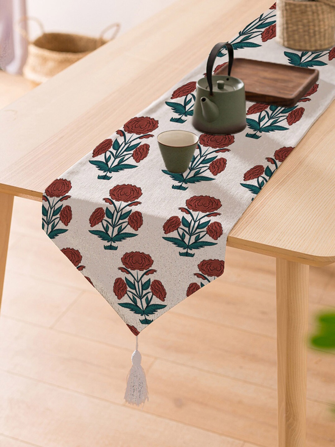 

STITCHNEST White & Maroon Printed Pure Cotton Rectangular Table Runner
