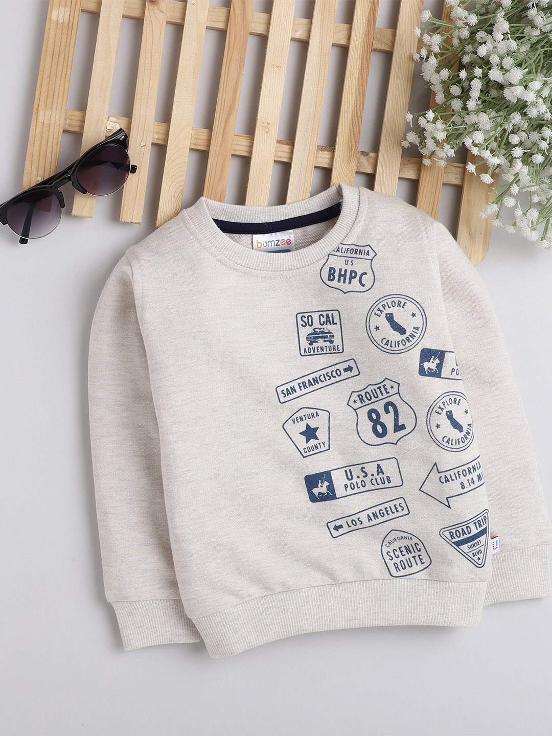 

BUMZEE Boys Beige Printed Cotton Sweatshirt
