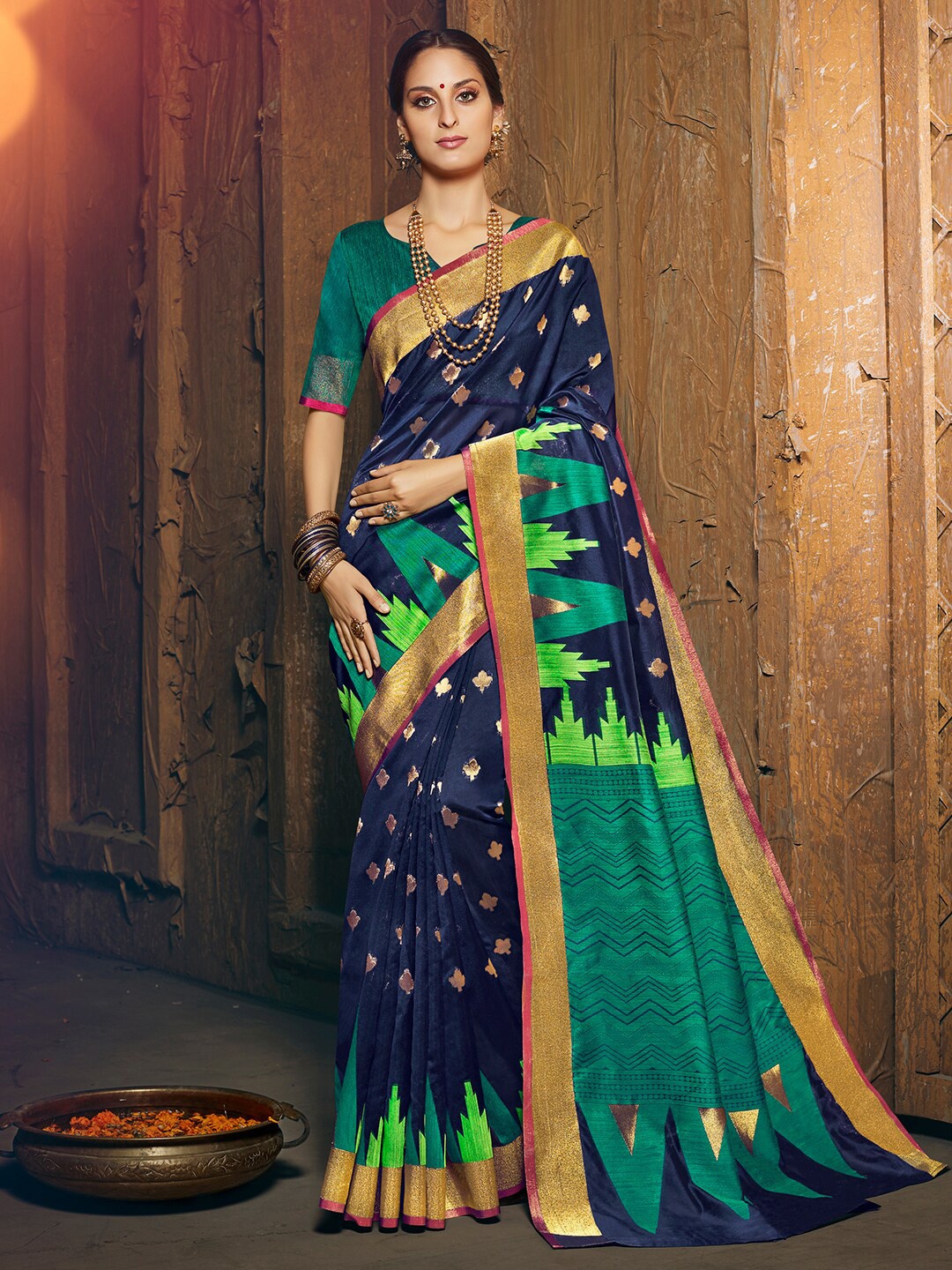 

Shaily Blue & Gold-Toned Woven Design Zari Silk Cotton Banarasi Saree