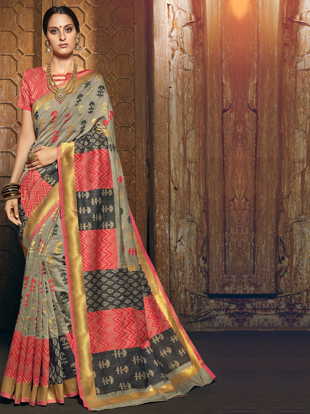 

Shaily Grey & Red Ethnic Motifs Zari Silk Cotton Banarasi Saree