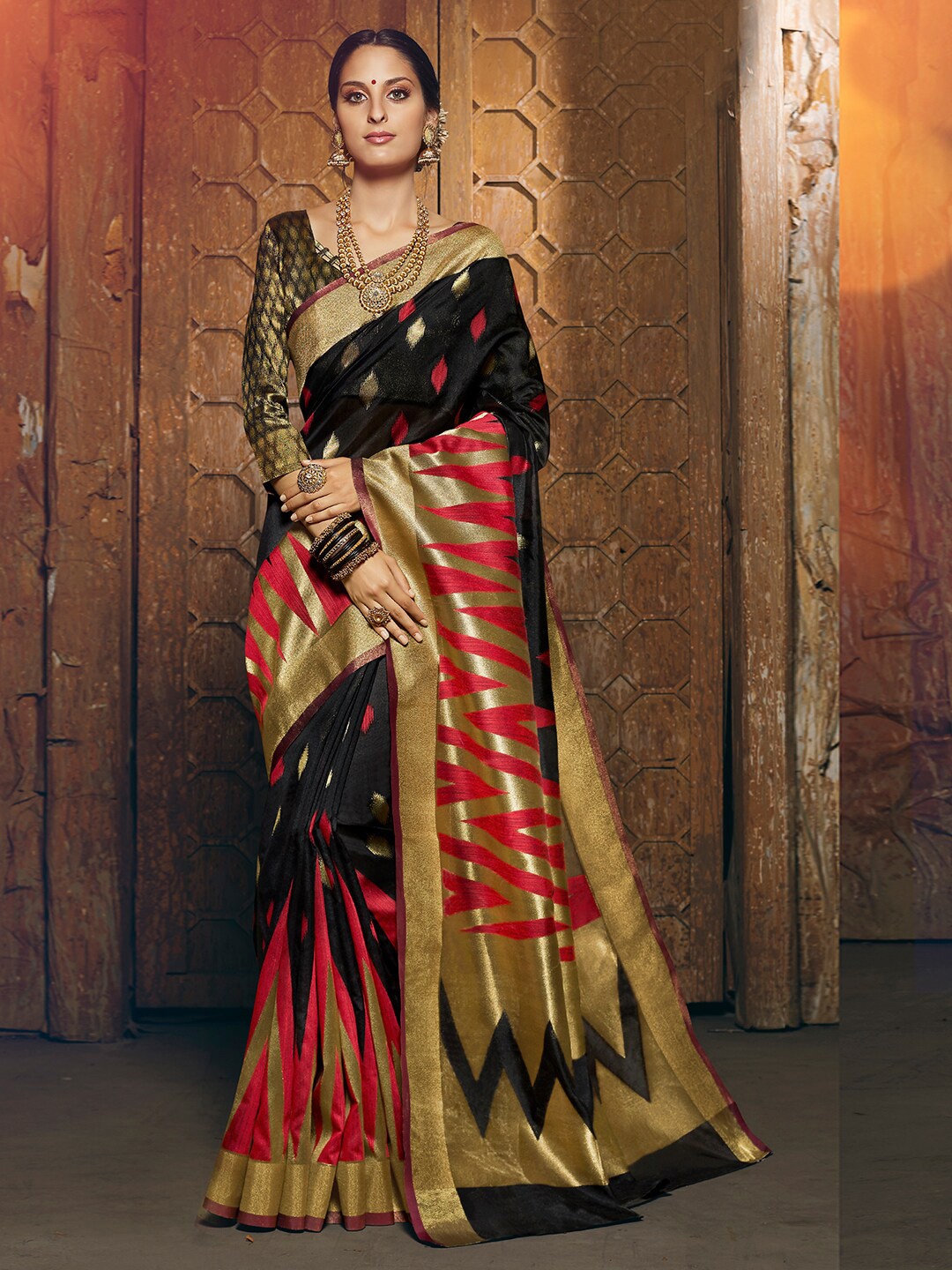 

Shaily Black & Gold-Toned Woven Design Zari Silk Cotton Banarasi Saree