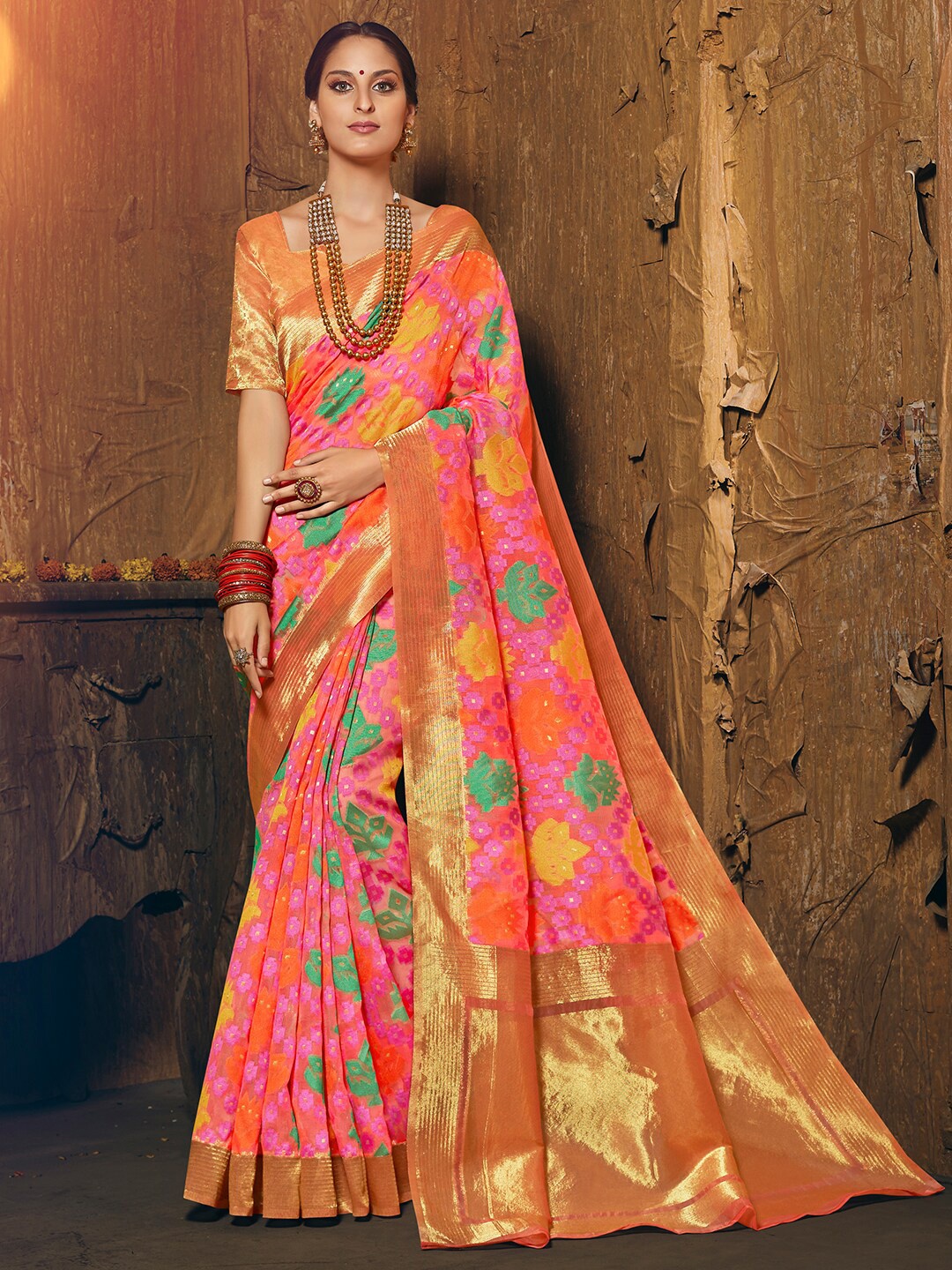 

Shaily Pink & Green Woven Design Zari Silk Cotton Banarasi Saree