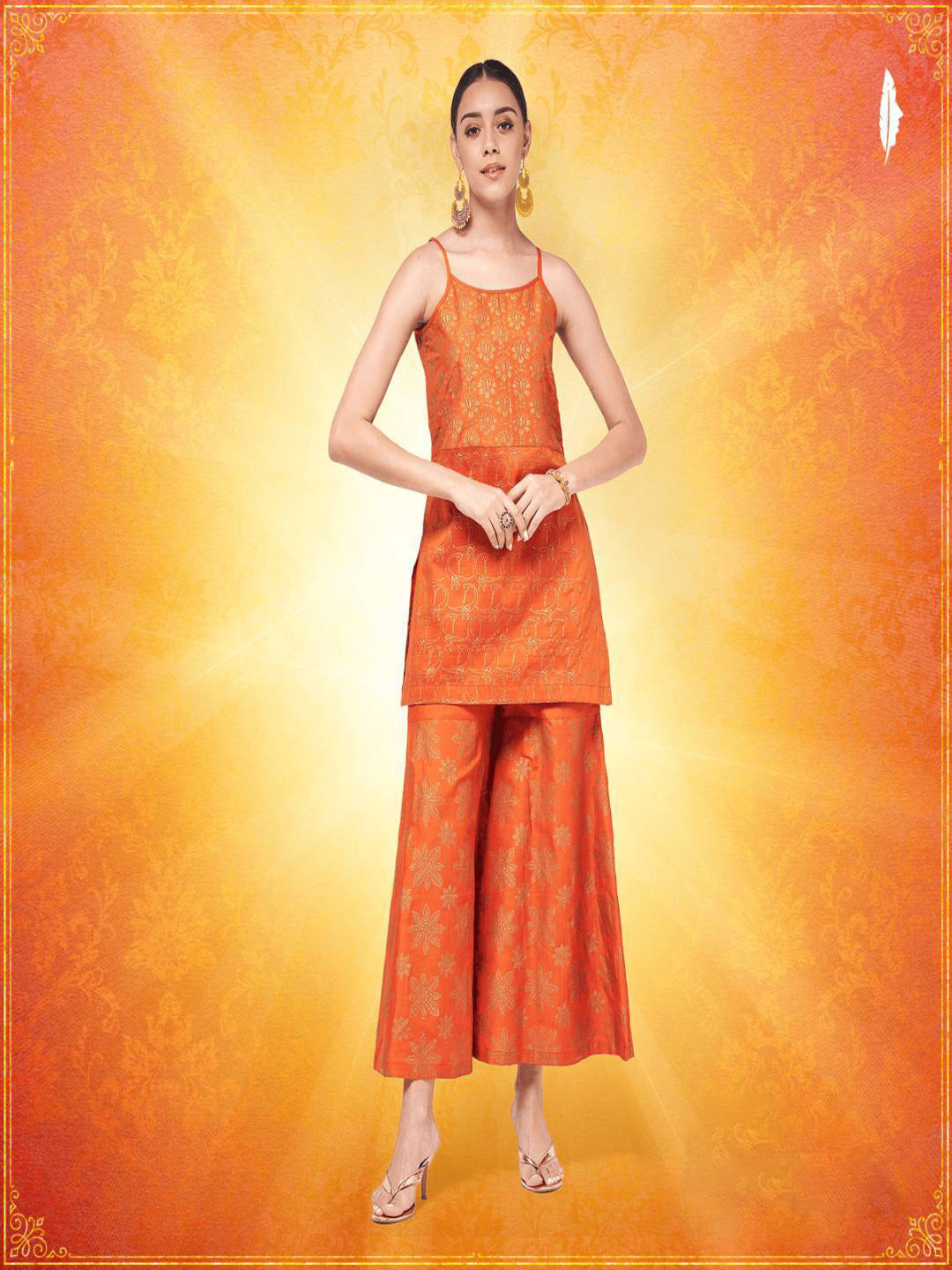 

Pannkh Women Orange Floral Printed Kurta with Sharara